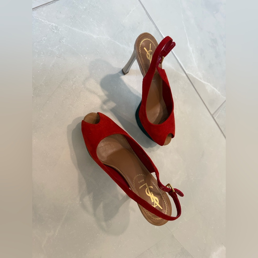 Yves Saint Laurent Red Suede Slingback Peep-Toe Heels | YSL Paris | Size 35 - Picture 4 of 6